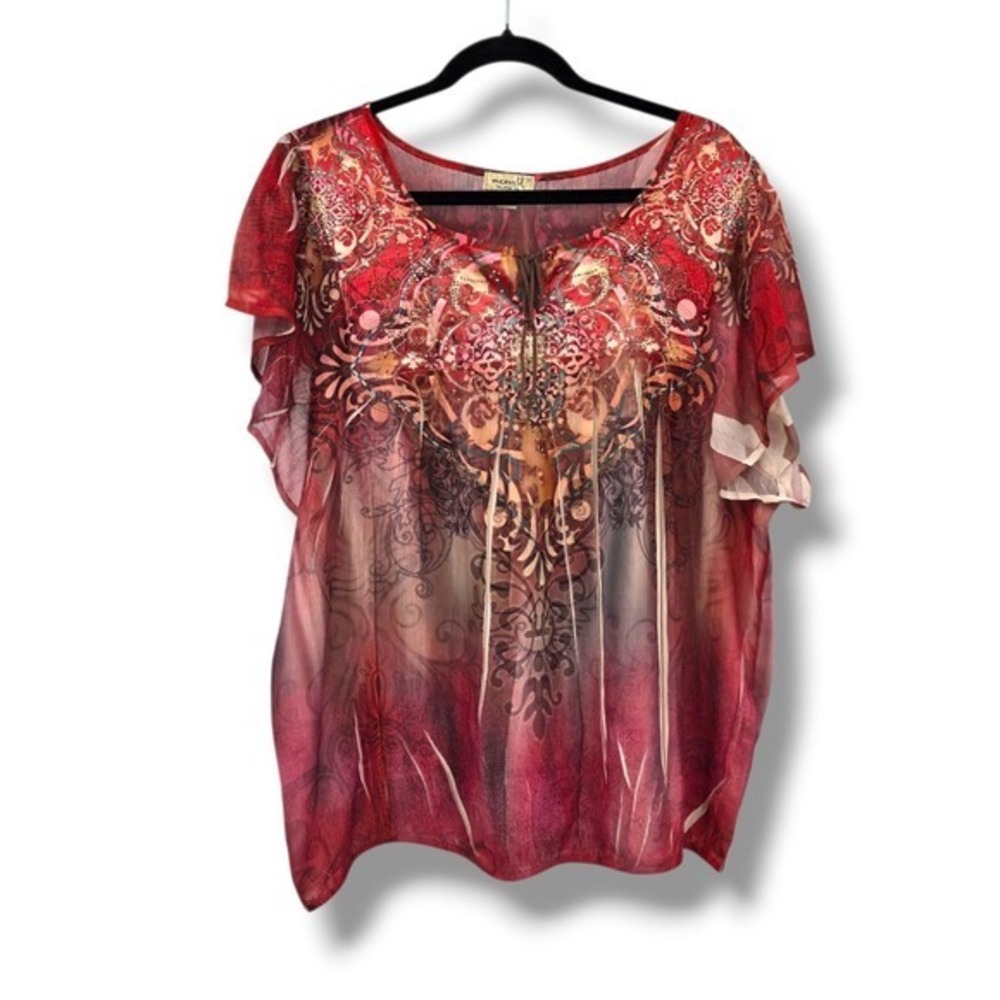One World Womens Top 1X Red Pink Embellished Sheer‎ Layered Short Sleeve